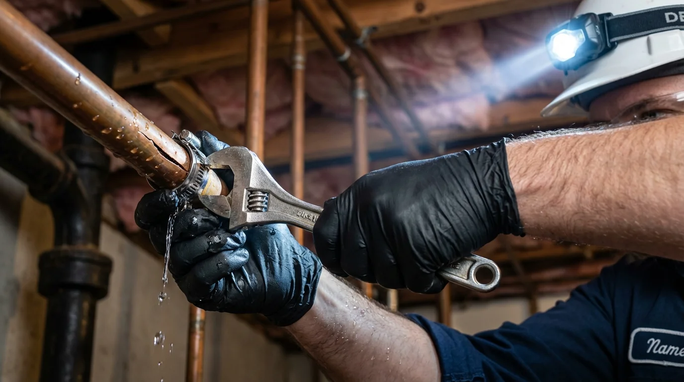 Emergency pipe clamp repair being performed by a Johns Plumbing LLC plumber in Prescott