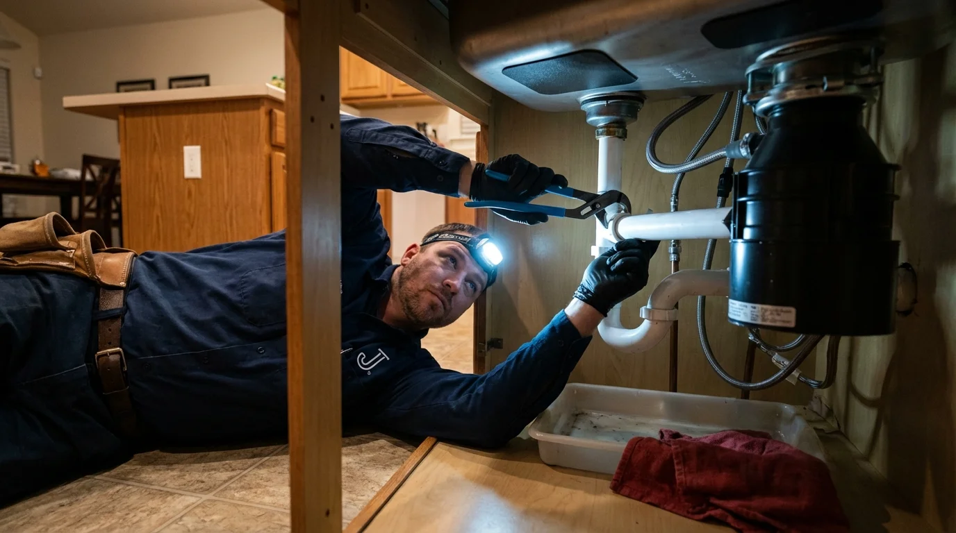 P-trap and supply line connections under a kitchen sink showing a common leak point in Prescott, AZ